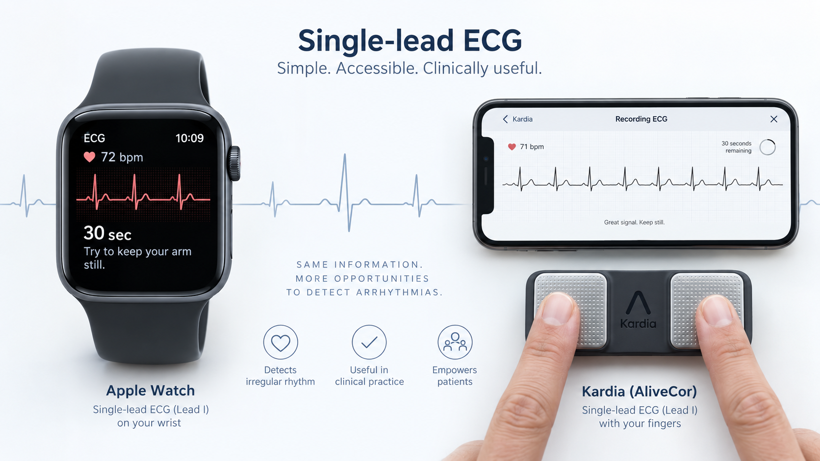 Apple Watch and Kardia single-lead ECG devices with ECG trace examples